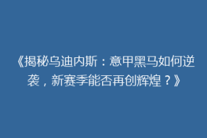 《揭秘乌迪内斯：意甲黑马如何逆袭，新赛季能否再创辉煌？》