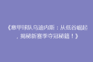 《意甲球队乌迪内斯：从低谷崛起，揭秘新赛季夺冠秘籍！》