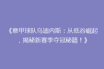 《意甲球队乌迪内斯:从低谷崛起,揭秘新赛季夺冠秘籍!》