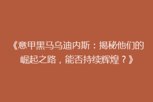 《意甲黑马乌迪内斯：揭秘他们的崛起之路，能否持续辉煌？》