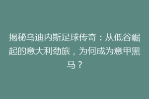 揭秘乌迪内斯足球传奇：从低谷崛起的意大利劲旅，为何成为意甲黑马？