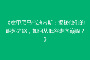 《意甲黑马乌迪内斯：揭秘他们的崛起之路，如何从低谷走向巅峰？》