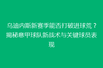 乌迪内斯新赛季能否打破进球荒?揭秘意甲球队新战术与关键球员表现