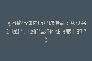 《揭秘乌迪内斯足球传奇:从低谷到崛起,他们是如何征服意甲的?》