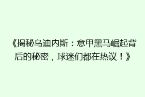《揭秘乌迪内斯：意甲黑马崛起背后的秘密，球迷们都在热议！》