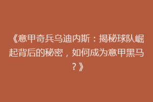 《意甲奇兵乌迪内斯：揭秘球队崛起背后的秘密，如何成为意甲黑马？》