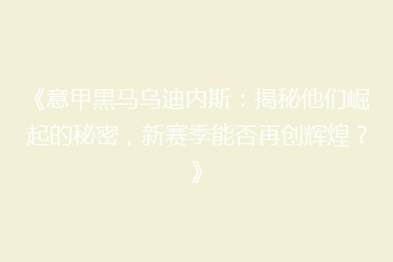 《意甲黑马乌迪内斯:揭秘他们崛起的秘密,新赛季能否再创辉煌?》