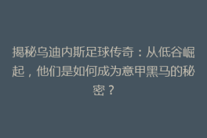 揭秘乌迪内斯足球传奇：从低谷崛起，他们是如何成为意甲黑马的秘密？
