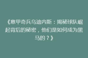 《意甲奇兵乌迪内斯：揭秘球队崛起背后的秘密，他们是如何成为黑马的？》