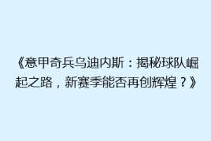 《意甲奇兵乌迪内斯：揭秘球队崛起之路，新赛季能否再创辉煌？》