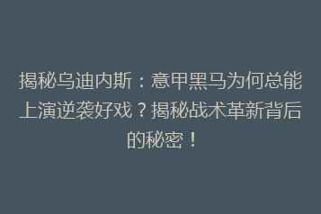 揭秘乌迪内斯:意甲黑马为何总能上演逆袭好戏?揭秘战术革新背后的秘密!