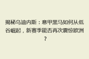 揭秘乌迪内斯：意甲黑马如何从低谷崛起，新赛季能否再次震惊欧洲？