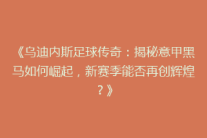 《乌迪内斯足球传奇：揭秘意甲黑马如何崛起，新赛季能否再创辉煌？》